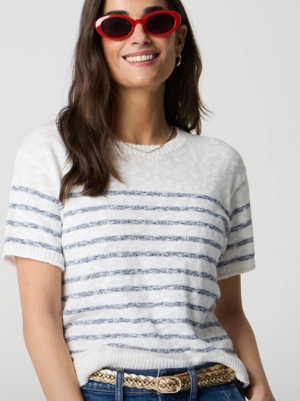J. Crew White and Navy Striped Short-Sleeve Knit Pullover